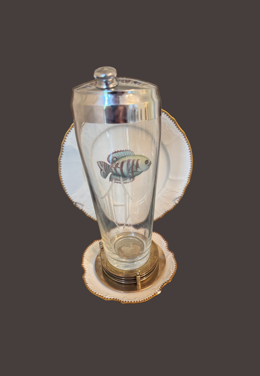 Vintage Glass and Silver Cocktail Shaker Etched Monogram "H"