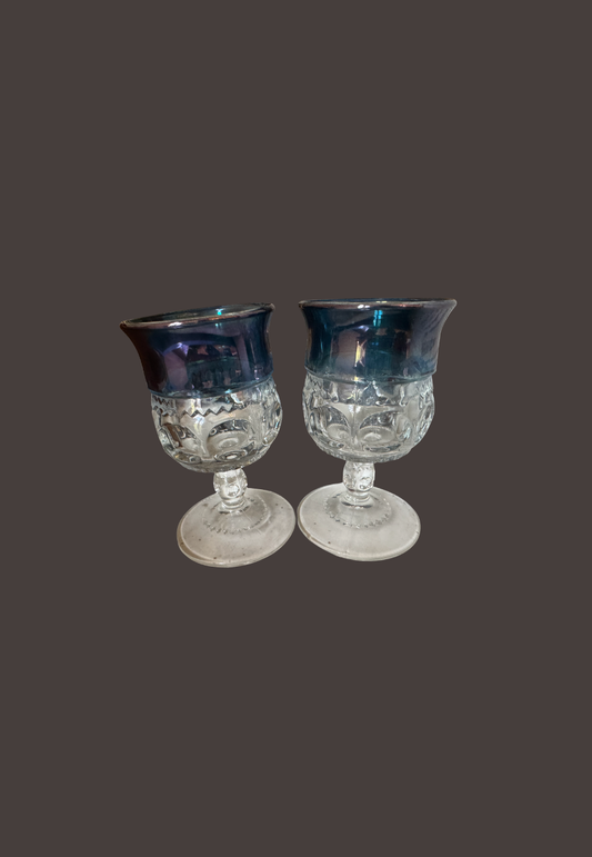 Vintage Pair of Kings Crown Blue Flash Cordial Glasses