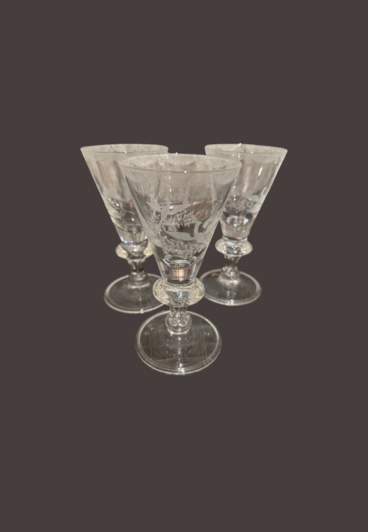 Vintage Etched Crystal Pheasant Cordial Glasses